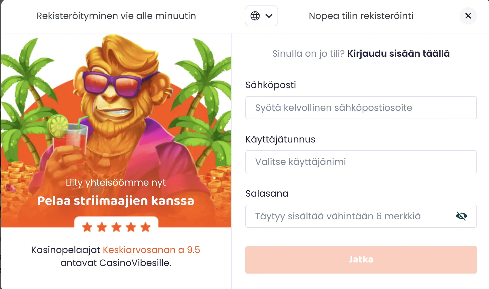 Vibes Casino rekisteröityminen